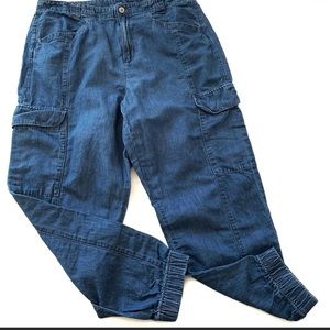 American Eagle Linen Blend Denim Blue Jogger Cargo Pants Womens Size 14